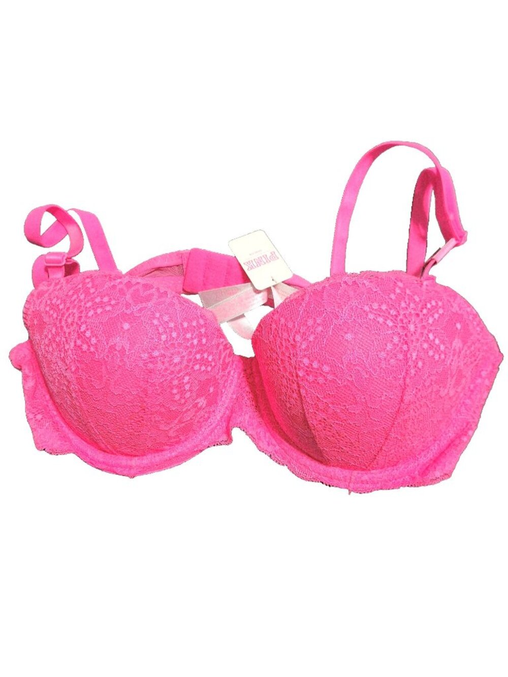 Pink Victoria’s Secret Hot Pink Lace Push‑Up Bra Molded Cups Adjustable Straps